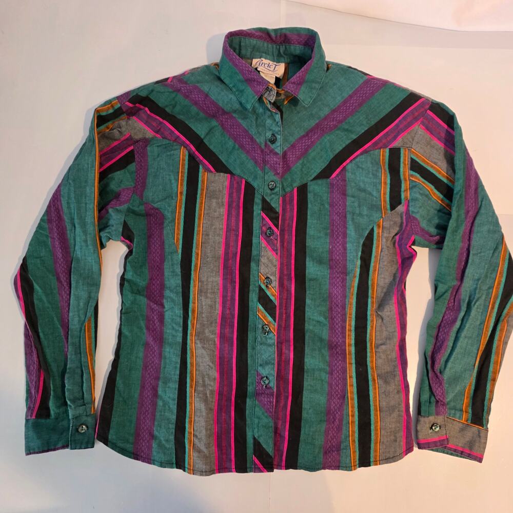Vintage Circle T Marilyn Lenox Western Shirt‎ Cotton Stripe V-Yoke Teal Pink Med